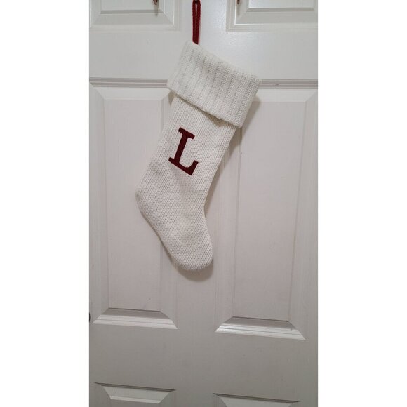 Hand-Knit White Christmas Stocking With Red "L" Initial - Picture 1 of 5